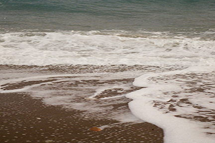 Ocean wave meeting sandy beach, symbolizing natural purity and hydration in Syren Spreads beauty chocolate.