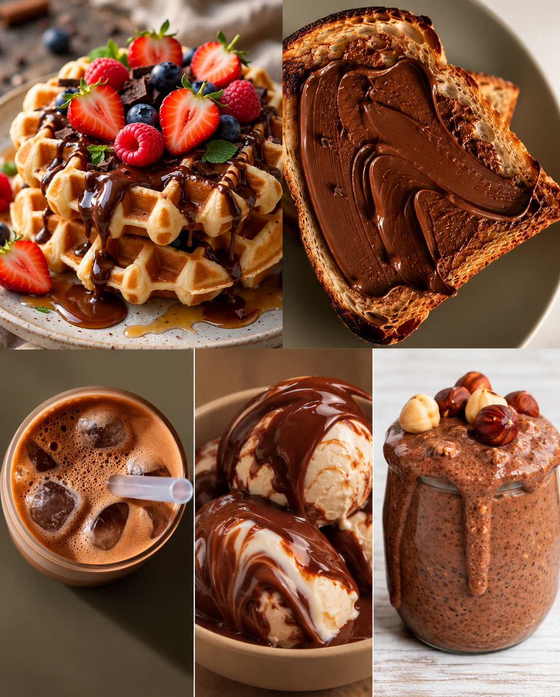 Waffles with strawberries, blueberries, chocolate, toasted bread with chocolate, chocolate smoothie, vanilla ice cream with chocolate, chocolate chia pudding