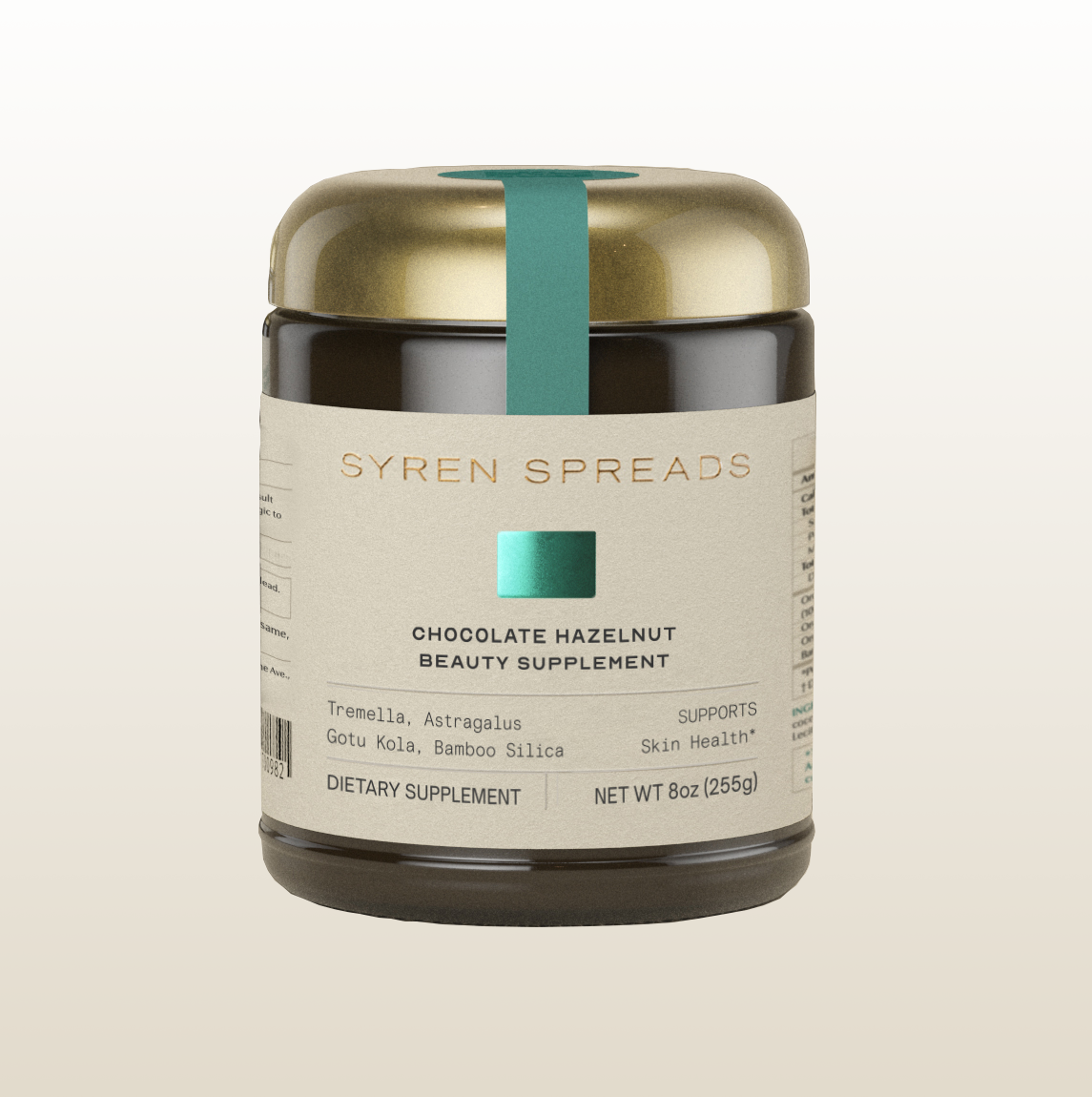 Syren Spreads Chocolate Hazelnut Beauty Supplement, 8oz (255g) dietary supplement jar with a gold lid and teal security seal on a neutral background.